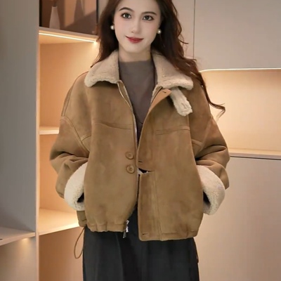 加绒加厚皮毛一体外套女冬季新款
