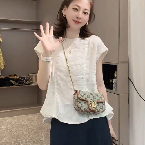 韩系圆领亚麻短袖衬衫女夏季新款