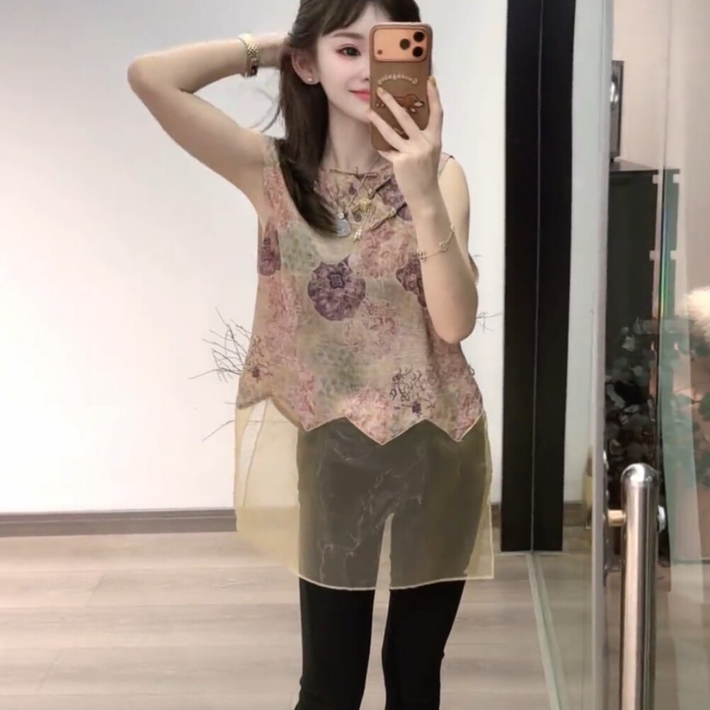 新中式提花网纱拼接无袖衬衫女2026夏季新款宽松百搭显瘦背心上衣