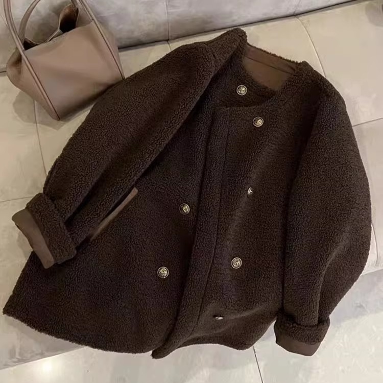 双排扣羊羔毛外套女2025秋冬新款时尚气质宽松百搭中长款毛毛上衣