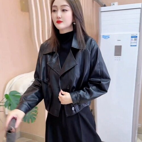 翻领短款皮衣外套女春季新款