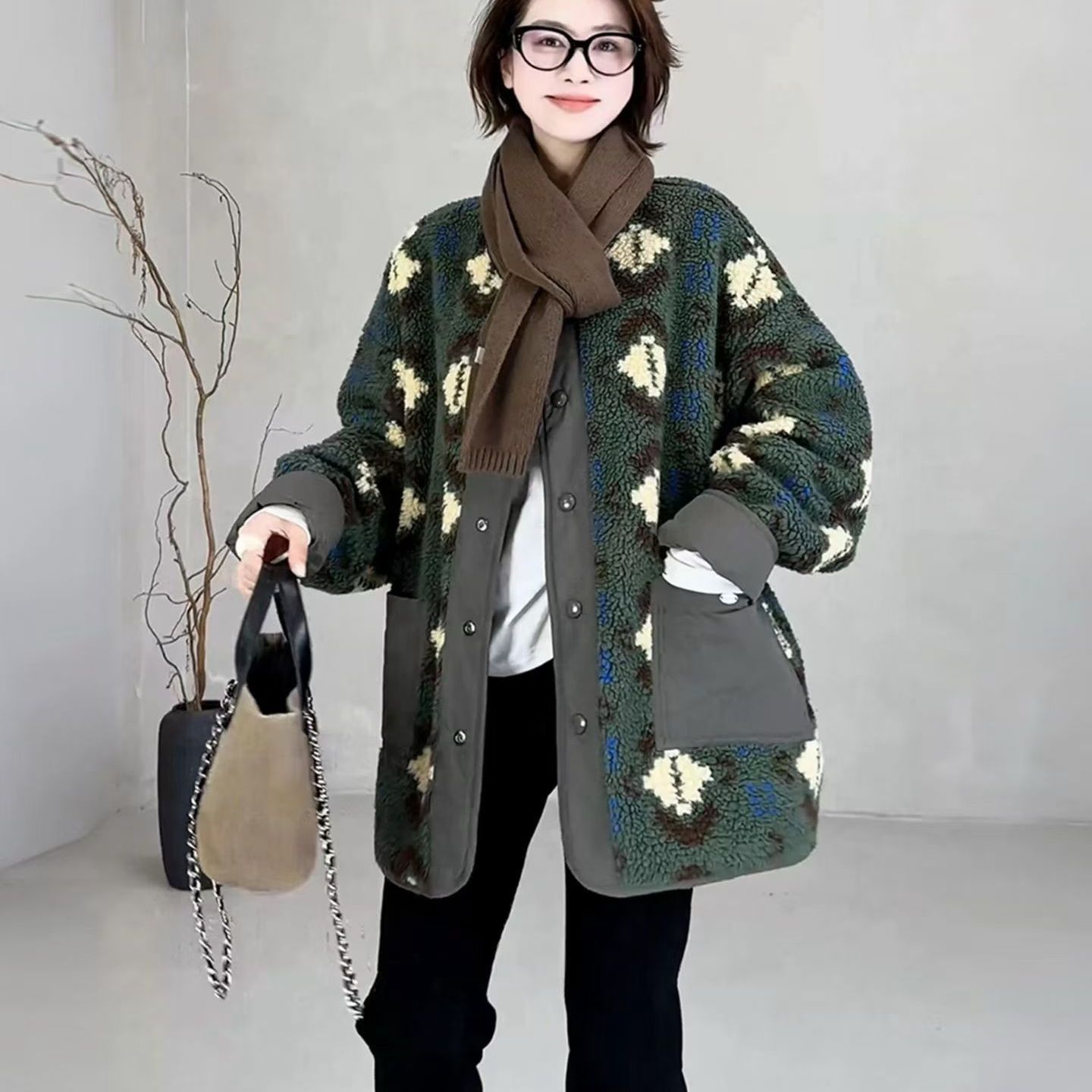 两面穿复古印花羊羔毛外套女