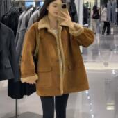 麂皮绒羊羔毛外套女秋冬2025新款 宽松显瘦保暖中长款 皮毛一体上衣