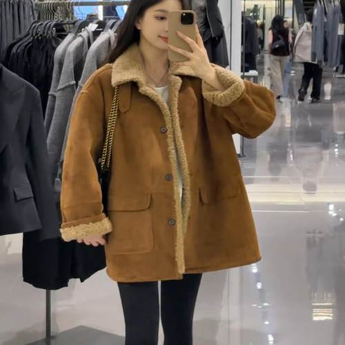 麂皮绒羊羔毛外套女秋冬2025新款宽松显瘦保暖中长款皮毛一体上衣
