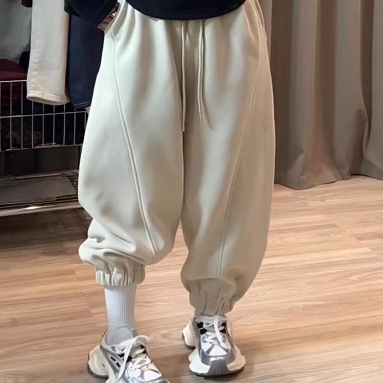 粉奈悦加绒加厚高腰休闲阔腿卫裤