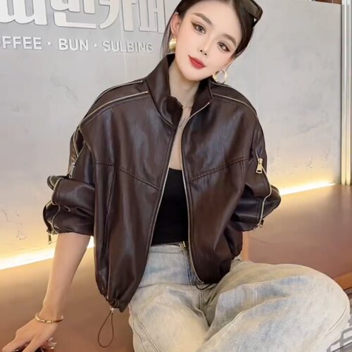 复古短款立领机车皮衣外套女秋季