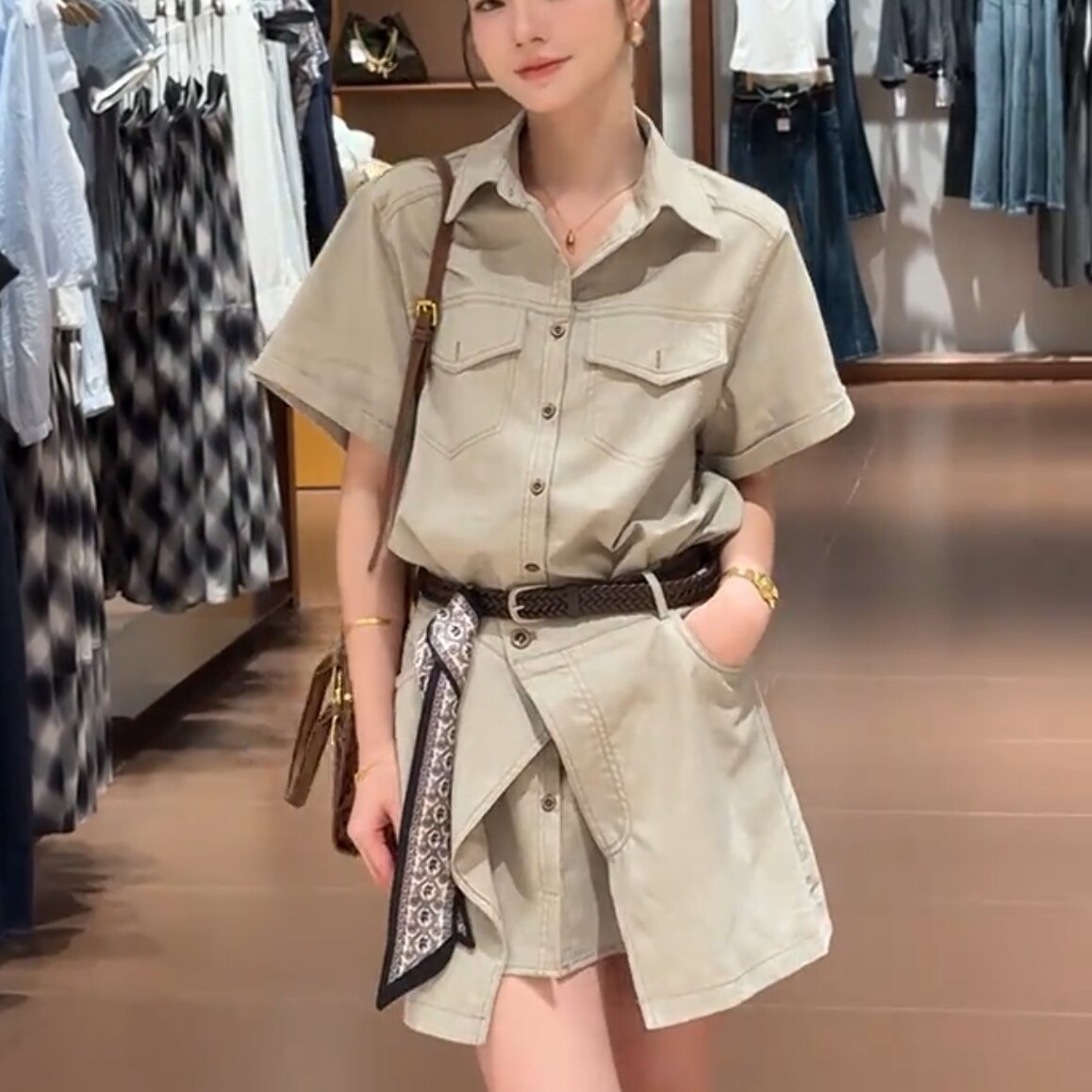 韩系工装短袖衬衫连衣裙+半身裙两件套女2026夏时尚气质减龄套装