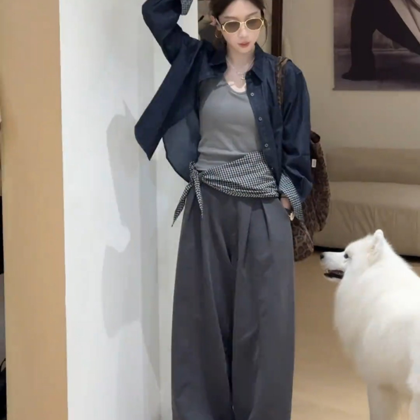 韩系时尚丝巾牛仔衬衫女2025秋季新款宽松百搭格子拼接休闲上衣潮