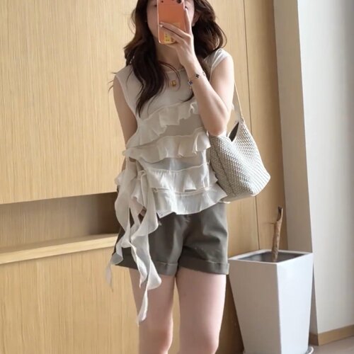 法式荷叶边飘带无袖衬衫女夏季