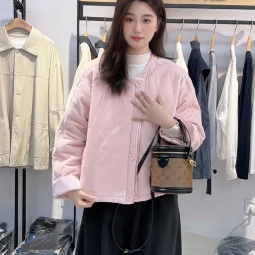 粉奈悦短款圆领丝绒棉服女秋冬