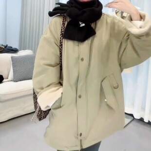 拼羊羔毛宽松风衣上衣 新款 韩版 立领加绒加厚派克服外套女2025冬季