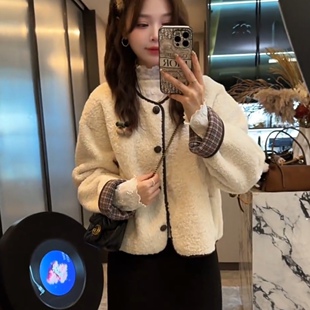 韩系圆领羊羔毛外套女2025秋冬新款皮毛一体宽松显瘦短款毛毛上衣