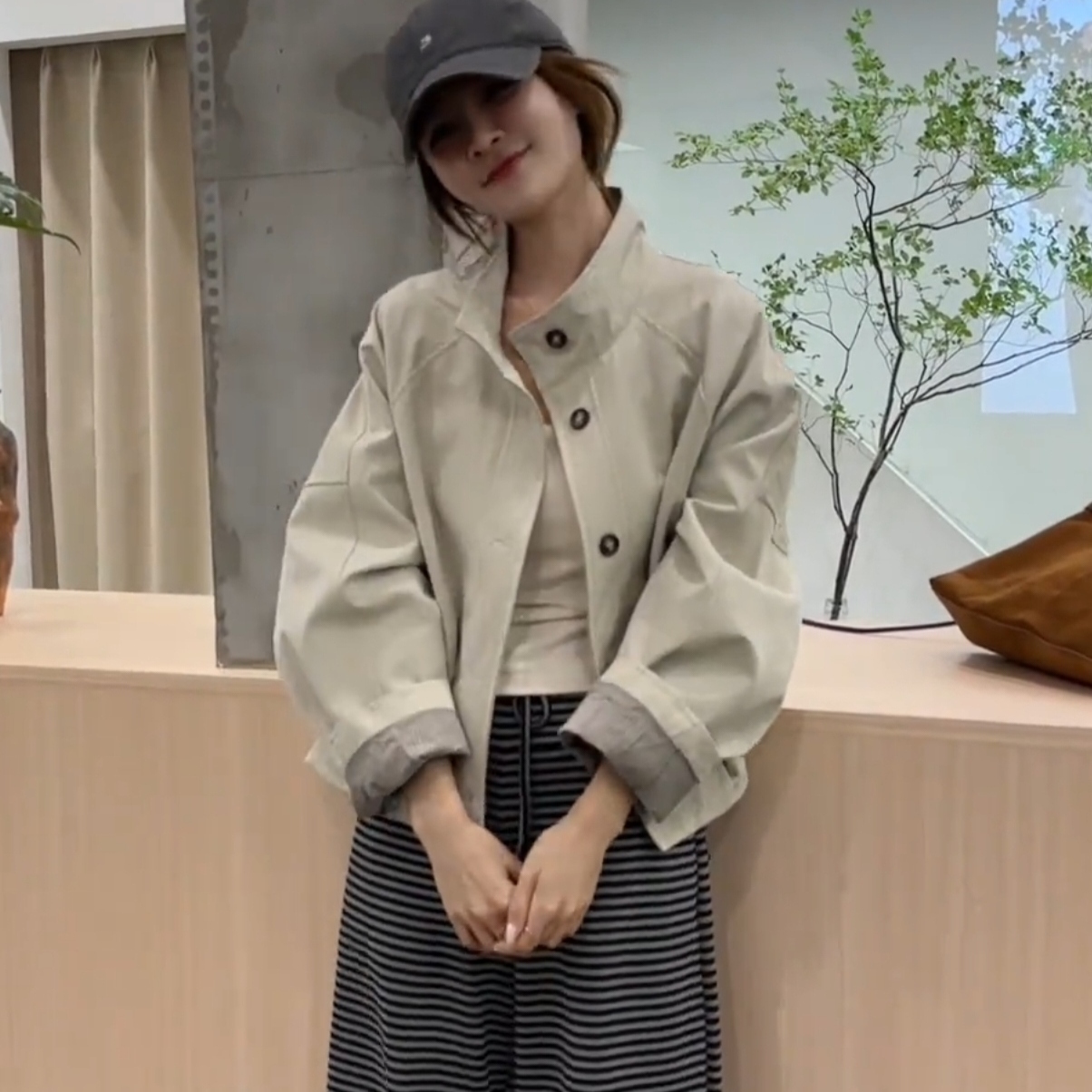 韩系立领撞色工装外套女秋季新款