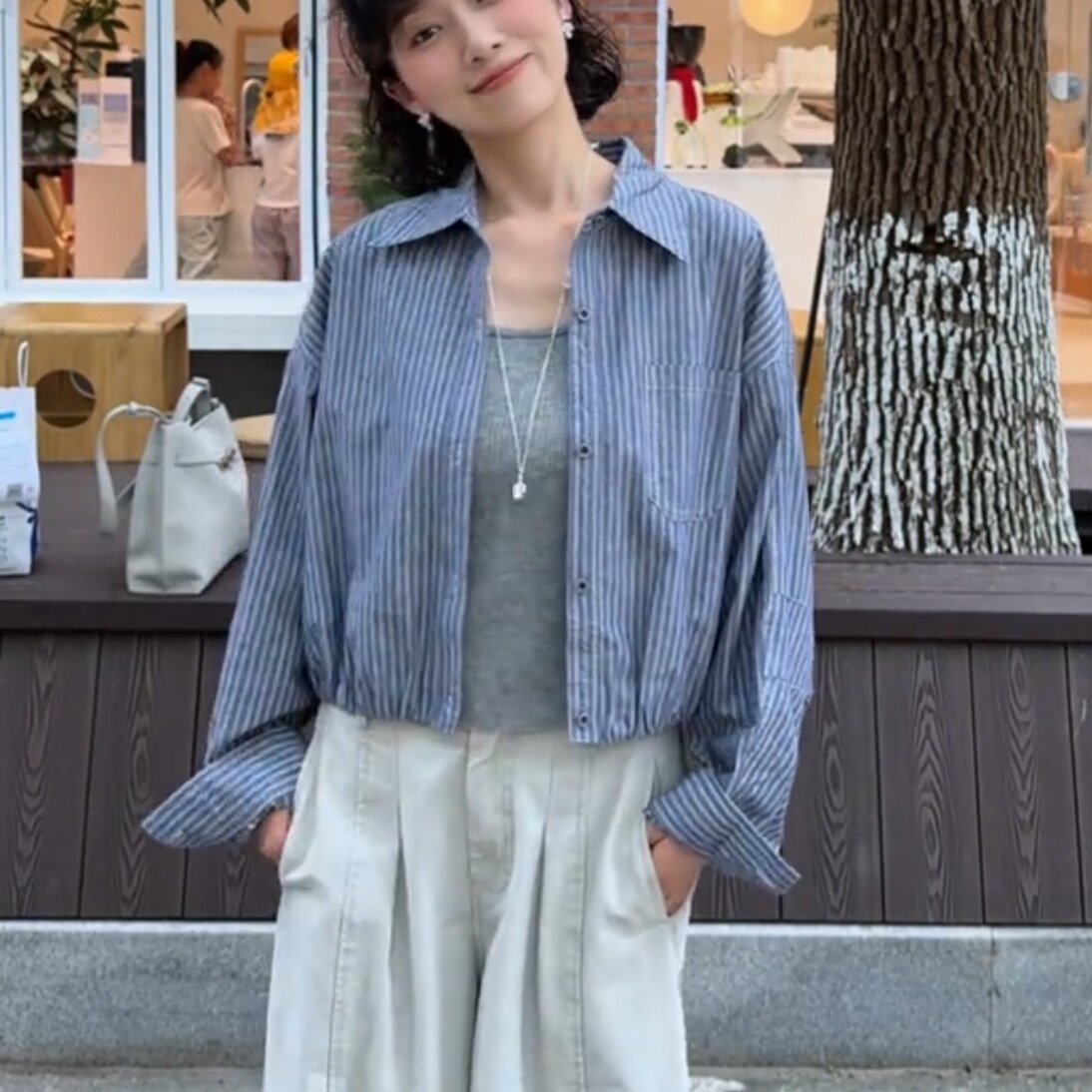 韩系短款翻领条纹衬衫女秋季新款图片