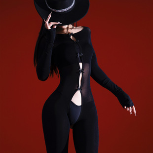 天鹅绒120D丝袜连体衣性感蝴蝶结镂空紧身包裹免脱全身黑丝女长袖