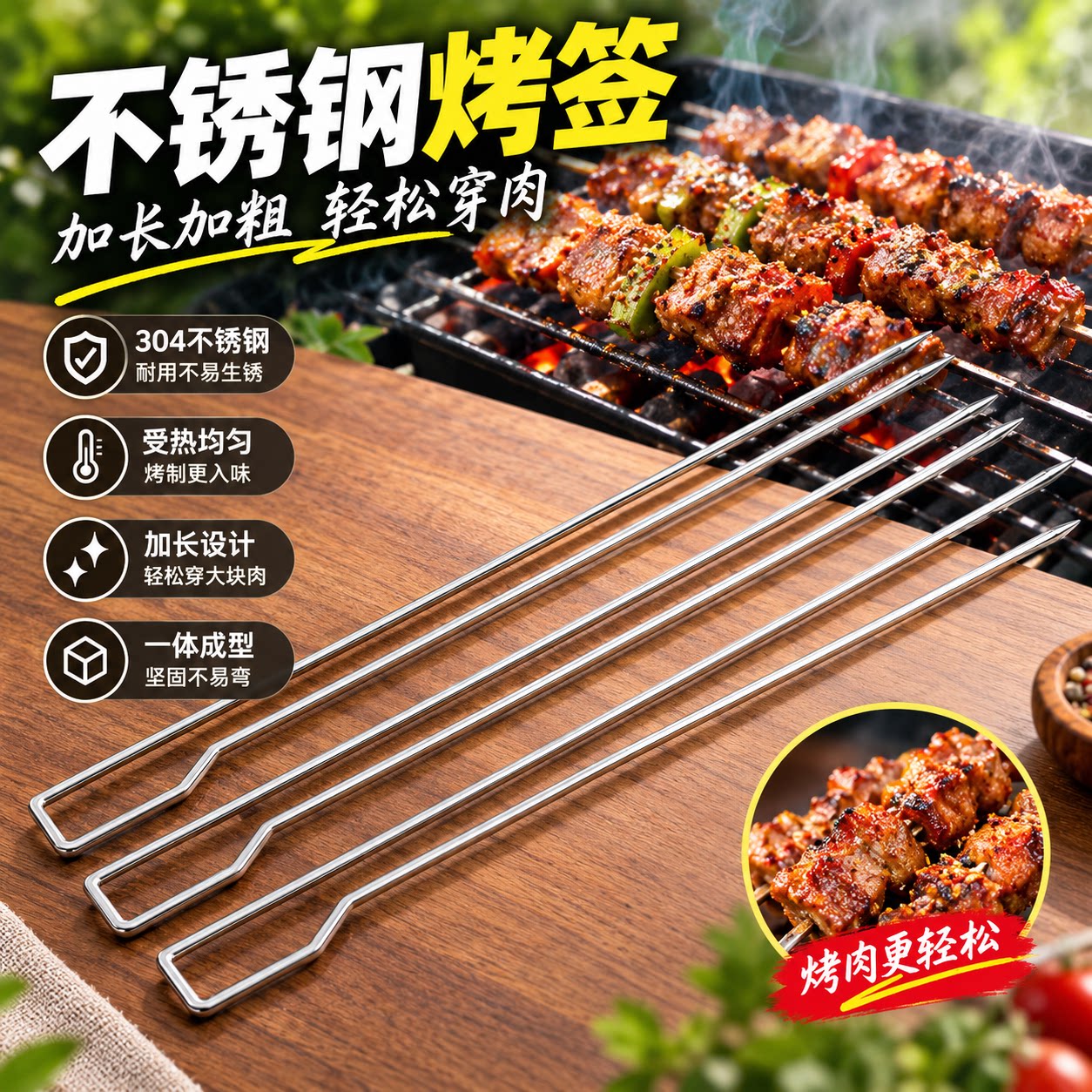不锈钢加长加粗一体穿肉烧烤签