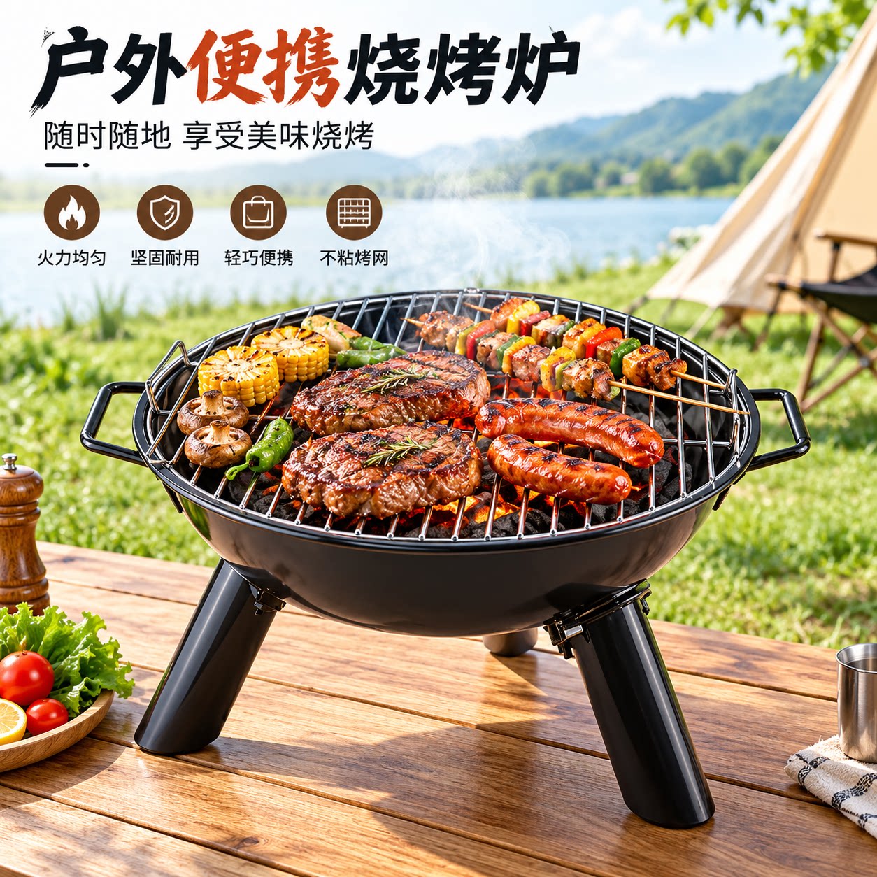 户外炭火烧烤炉便携式烤肉架露营烧烤架家用庭院朋友聚会圆形烤炉