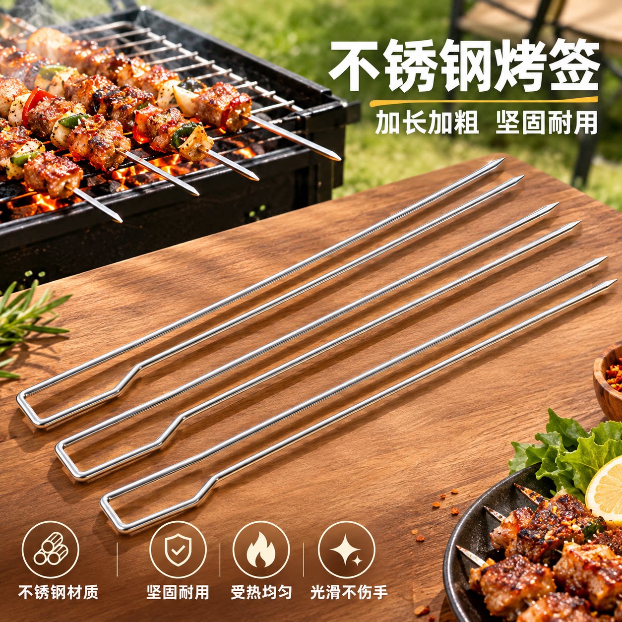 不锈钢烧烤签户外烧烤串肉签子烤肉签铁签烤针食品级加厚烧烤工具