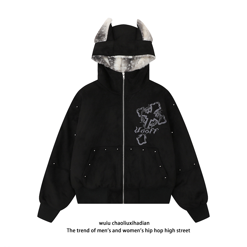 铁柱先生美式恶魔角可爱连帽棉服