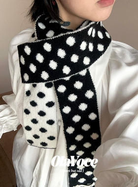 古早复古少女波点双面秋冬季保暖围脖软糯针织细围巾女学生可爱萌