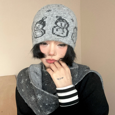 韩版雪人提花针织帽女保暖显脸小