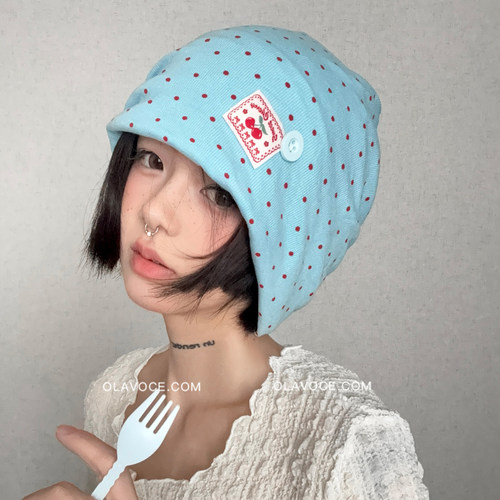 原创撞色波点樱桃堆堆帽