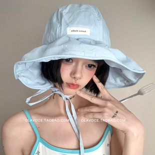 多巴胺蓝色盆帽渔夫帽女夏季大帽檐遮阳帽显脸小速干轻薄防晒帽子