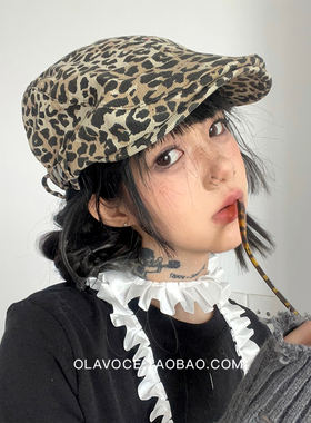 古早女主角~辣妹甜酷豹纹前进帽女春夏贝雷帽亚文化街头y2k鸭嘴帽