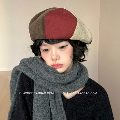 秋冬复古拼色显脸小八角贝雷帽