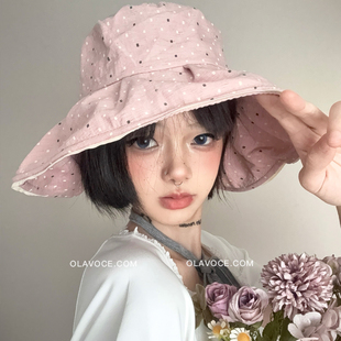甜美波点渔夫帽女新款夏季防晒大帽檐遮阳帽出游轻薄韩系粉色帽子