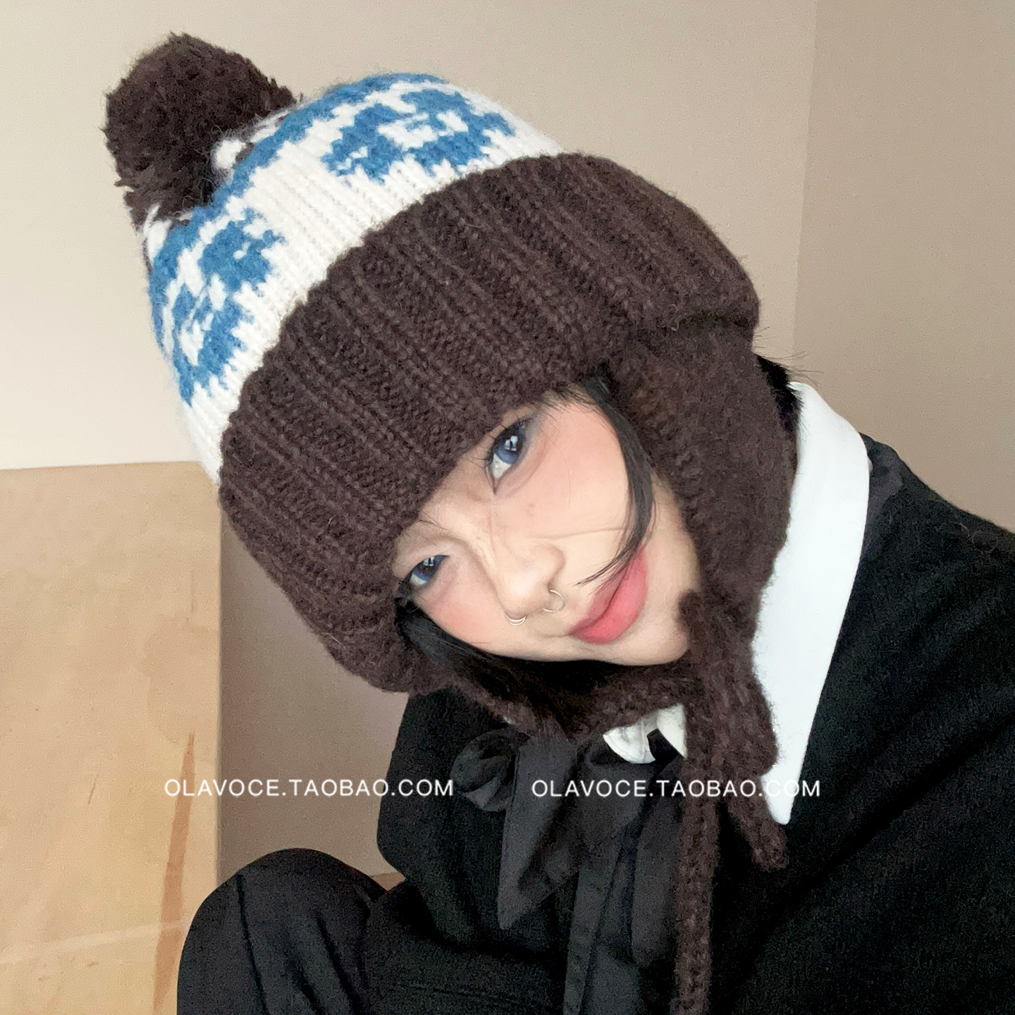 韩系费尔岛风提花毛球针织帽