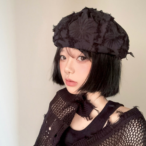 暗黑提花流苏贝雷帽女显脸小
