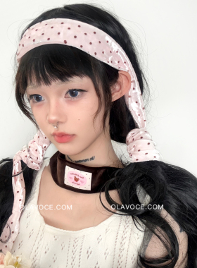 甜美马卡龙撞色波点丝绒飘带围巾