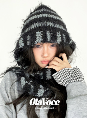 古早条纹撞色原宿风毛线帽宽松版大头围针织帽辣妹护耳保暖帽子女