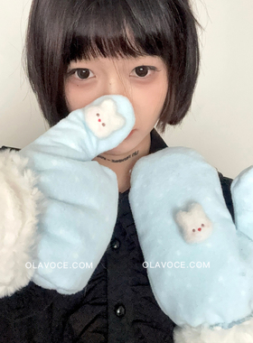 原创蓝波点毛绒手套加厚保暖