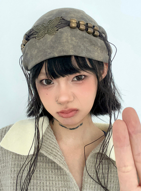 沙丘废土风流苏堆堆帽女显脸小四季包头帽子金属蝴蝶扎染酷飒帽子