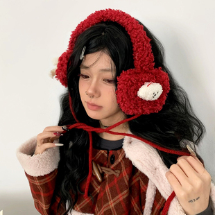 ola原创可爱小狗耳暖安克拉红色耳罩保暖护耳蝴蝶结绑带耳捂子女