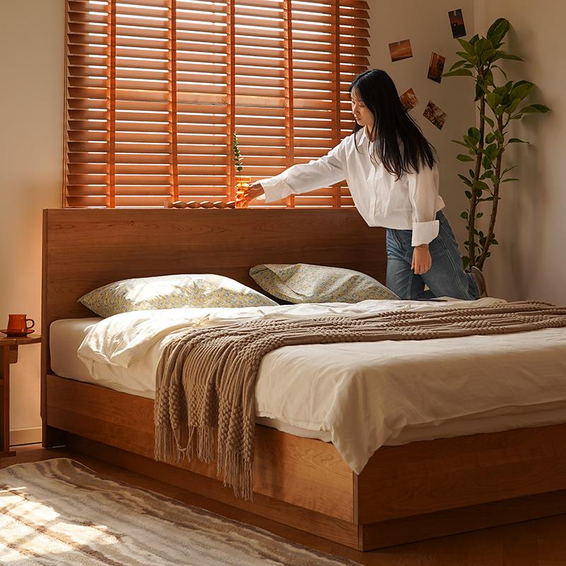 雅栈樱桃木大板悬浮床全实木小户型高靠背液压杆储物床日式双人床