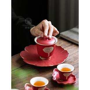 宫墙红莲生吉祥盖碗托盘|覆古描金莲蓬粗陶泡茶碗壶承功夫茶具