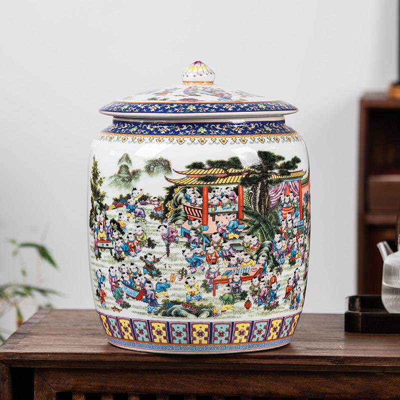 景德镇粉彩茶叶储存缸陶瓷器普洱存茶饼缸家用密封罐大号百子图