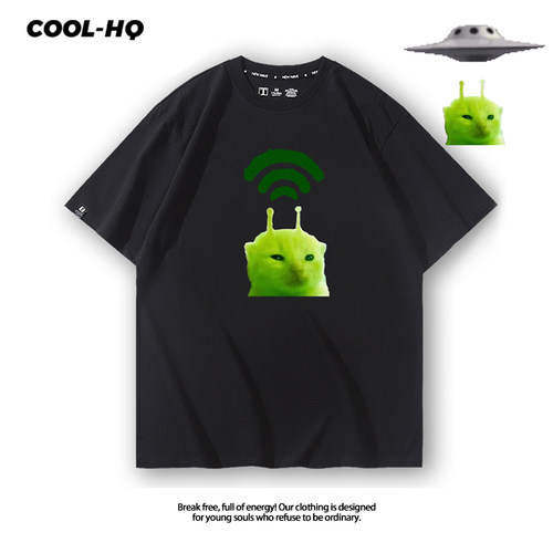 猫meme外星小猫卡通图案T恤男女纯棉短袖夏季半袖百搭薄款上衣服