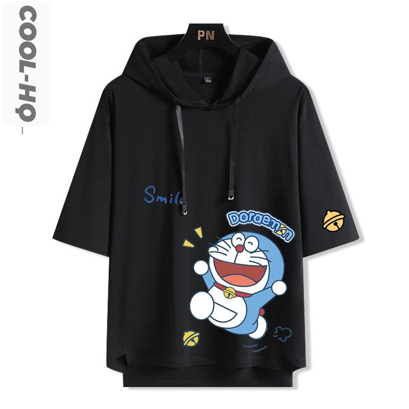哆啦A梦机器猫联名叮当卡通连帽短袖t恤男女宽松五分袖情侣衣服夏