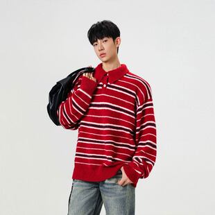 红白条纹拼色软糯毛衣男冬季慵懒风polo领针织衫潮流休闲百搭外套