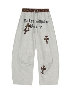 美式复古豹纹拼接褶皱弯刀卫裤男女潮牌设计感小众字母宽松阔腿裤