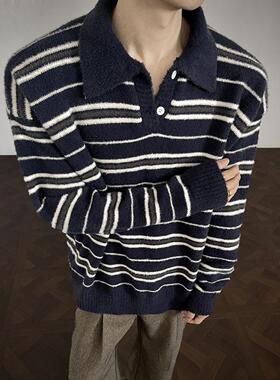 软糯条纹针织衫男款秋冬季新款美式复古慵懒风痞帅宽松polo衫毛衣