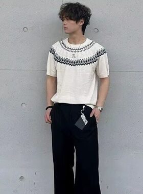 夏季薄款费尔岛针织短袖T恤男女复古慵懒风松弛设计感半袖t恤上衣