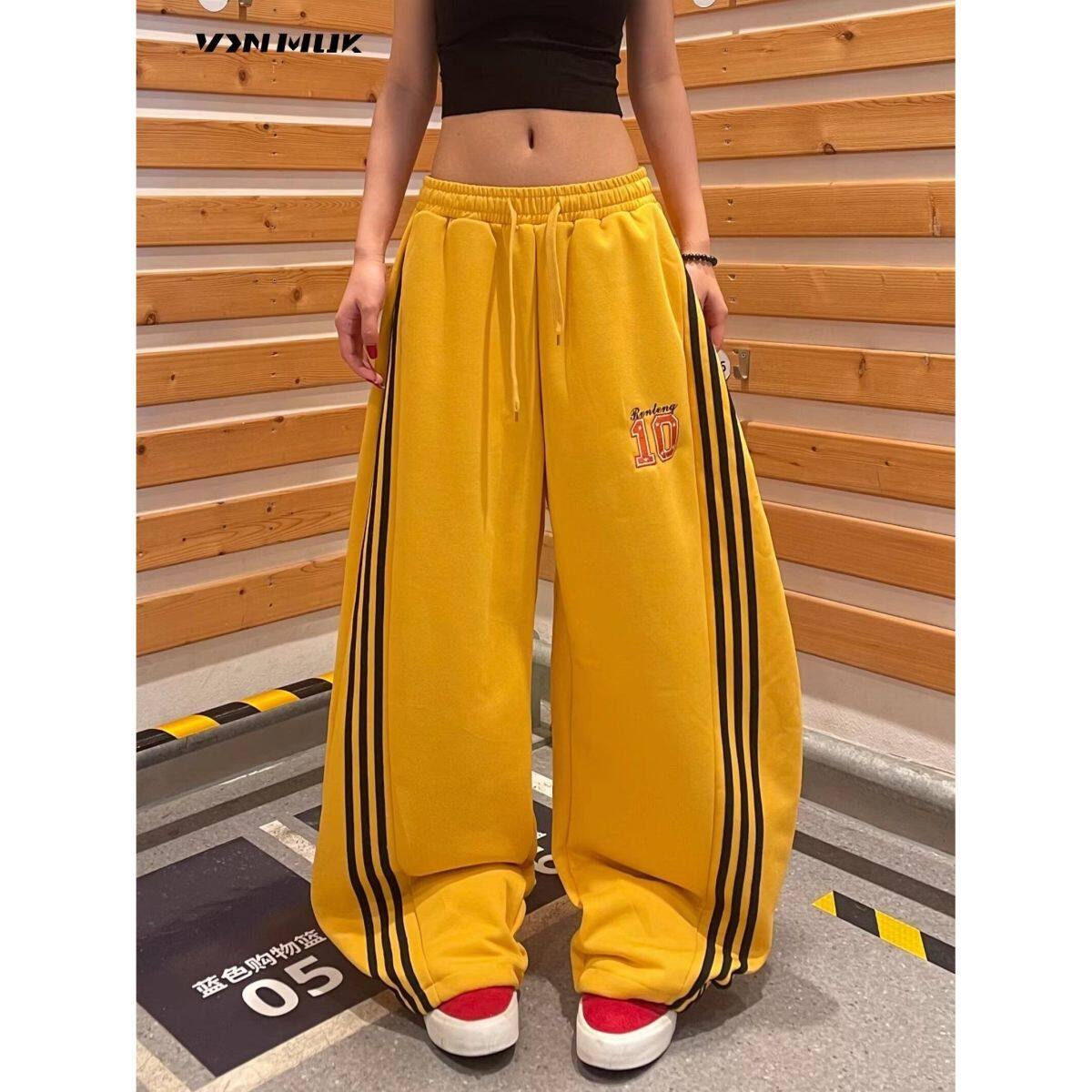 美式复古三条杠弯刀运动卫裤男女春秋新款直筒宽松廓形抽绳长裤子