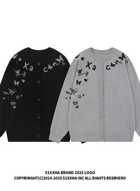 秋冬季美式复古灰色蝴蝶毛衣男女开衫宽松慵懒百搭保暖针织衫外套