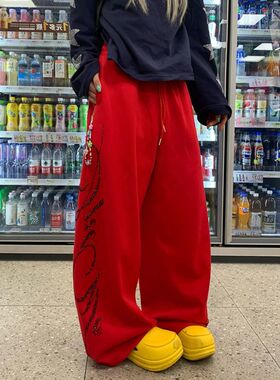 美式复古字母烫钻松紧腰红色阔腿卫裤男女宽松休闲爵士跳舞直筒裤