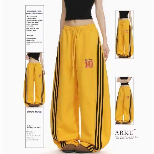 美式复古三条杠运动裤男女春秋显瘦直筒阔腿抽绳街舞运动休闲卫裤